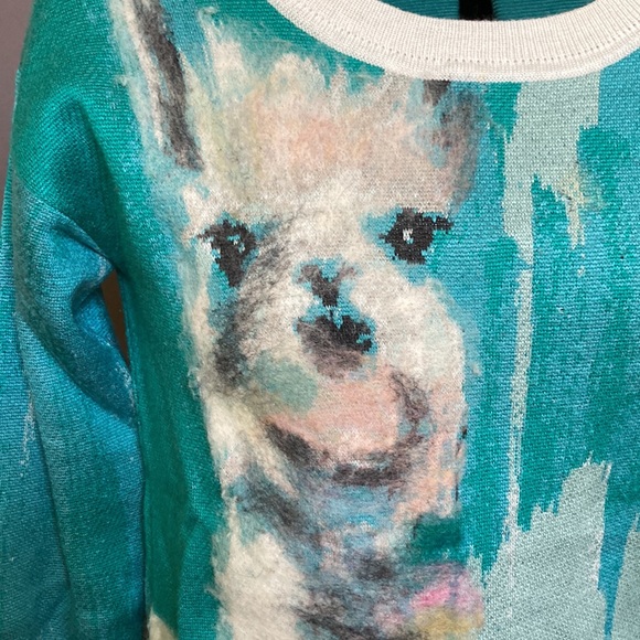 Anthropologie Llama Sweater teal, Artist Series art by Lauren Walcott Small S - Picture 2 of 4